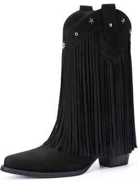 Women's Black Su Fringe Cowgirl Boots with Star Studded Pointed Toe Chunky Heels